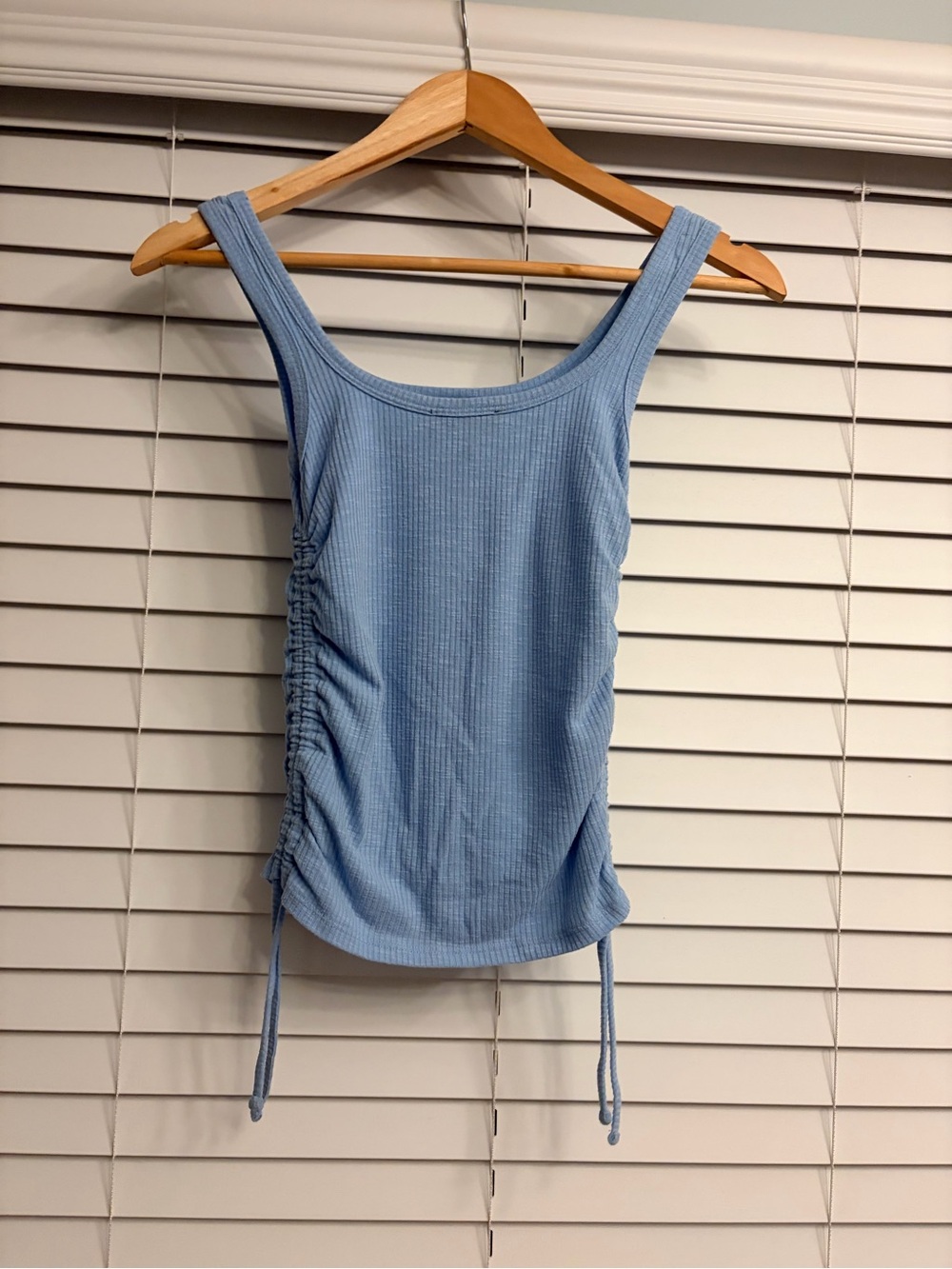 Sleeveless Light Blue Ribbed Tank with Side Drawstring